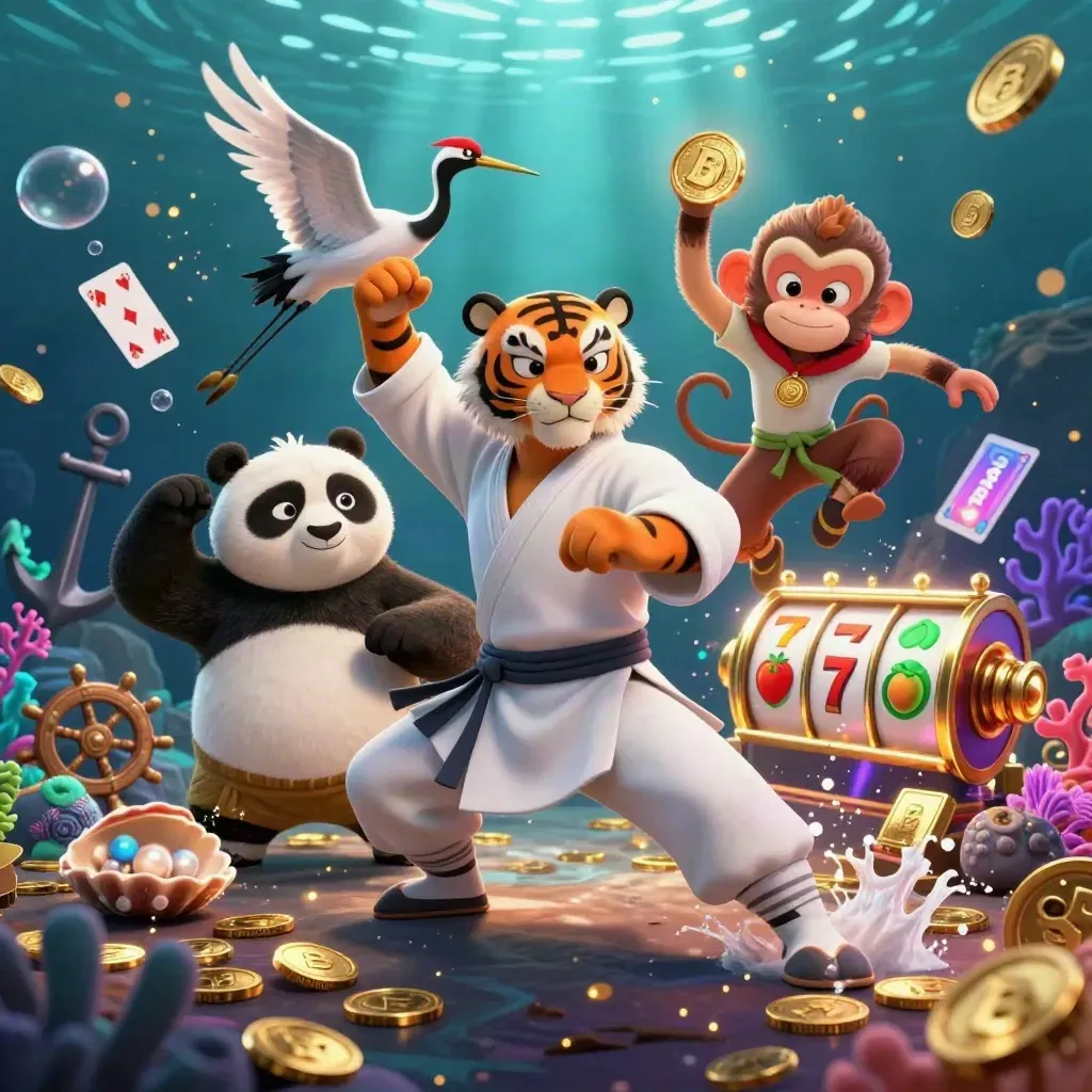Harimau kung-fu, panda, dan monyet di gua harta bawah laut dengan koin neon.