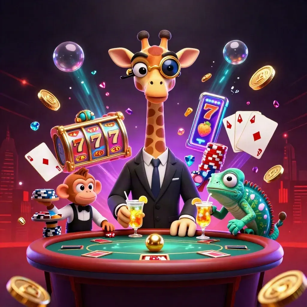 Jerapah high-roller, monyet valet, dan bunglon bartender di meja poker neon.